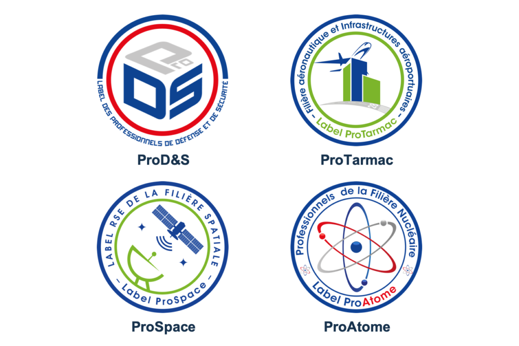 Logos couleur des certifications ProD&S, ProTarmac, ProSpace et ProAtome, accompagnés de leurs noms.